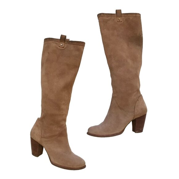 UGG Ava Knee High Tall Suede Boots Womens 6.5 Brown Tan Block Heels Leather Zip - Picture 3 of 16